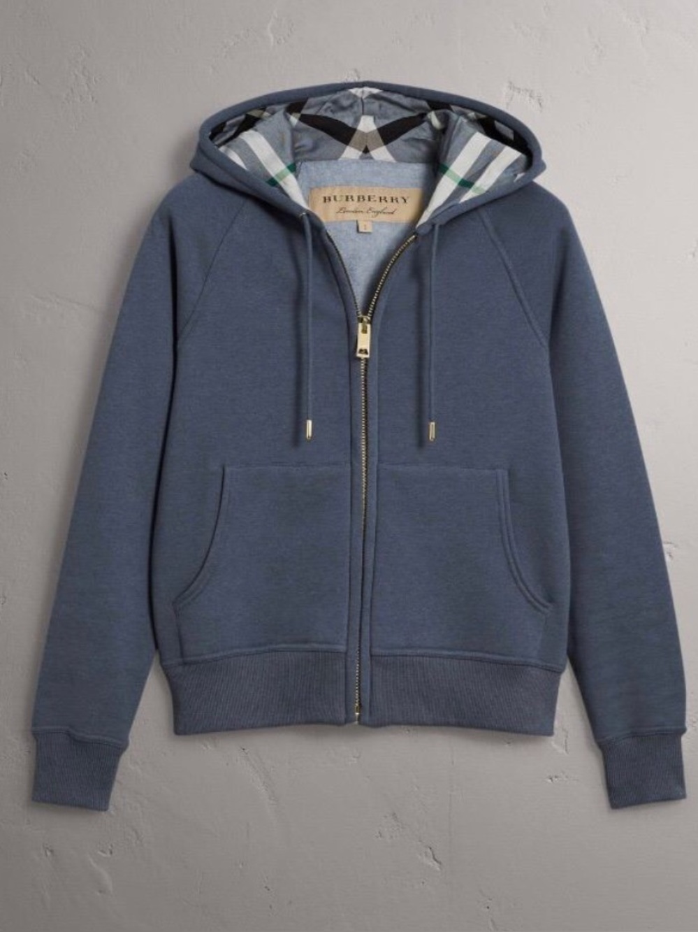 Burberry London England Full Zip Hoodie Blue Check-Lined Hood Size Large